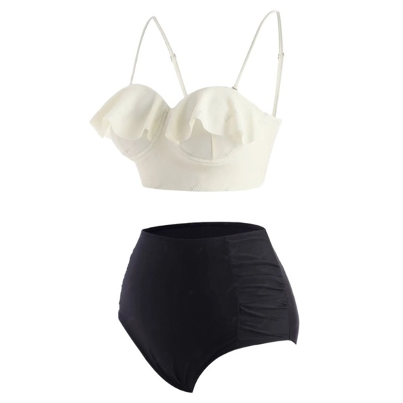 Push-Up Ruffled Tankini Set – Black & Ivory, Sweetheart Neckline, High-Waisted S - Picture 7 of 16